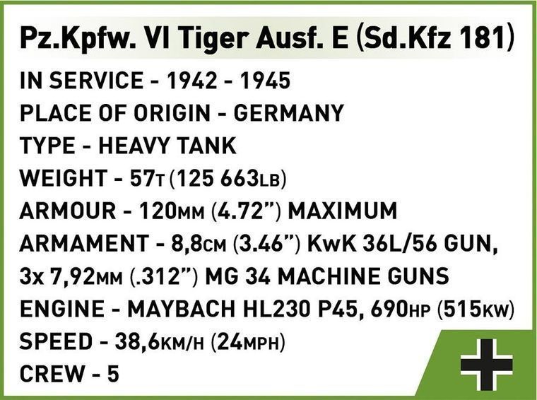 Cobi, історична колекція Другої світової війни, PZ.KPFW. VI TIGER AUSF. E, блоки, 870 елементів 7948190 фото