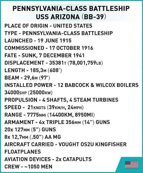 Кобі, історична колекція Другої світової війни, USS Arizona BB-39, блоки, 2046 Елементи 7975631 фото
